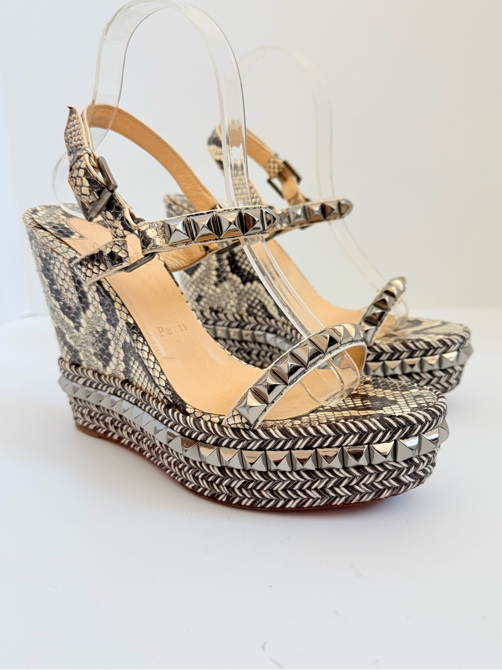 Christian Louboutin Pyraclou 110 Natural Python Stud Wedge Espadrille Sandals 41